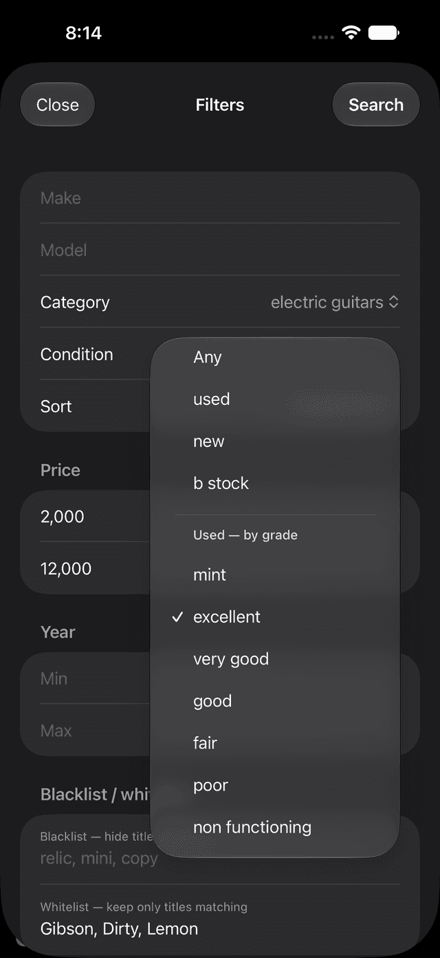 Filter panel with price, year, and condition