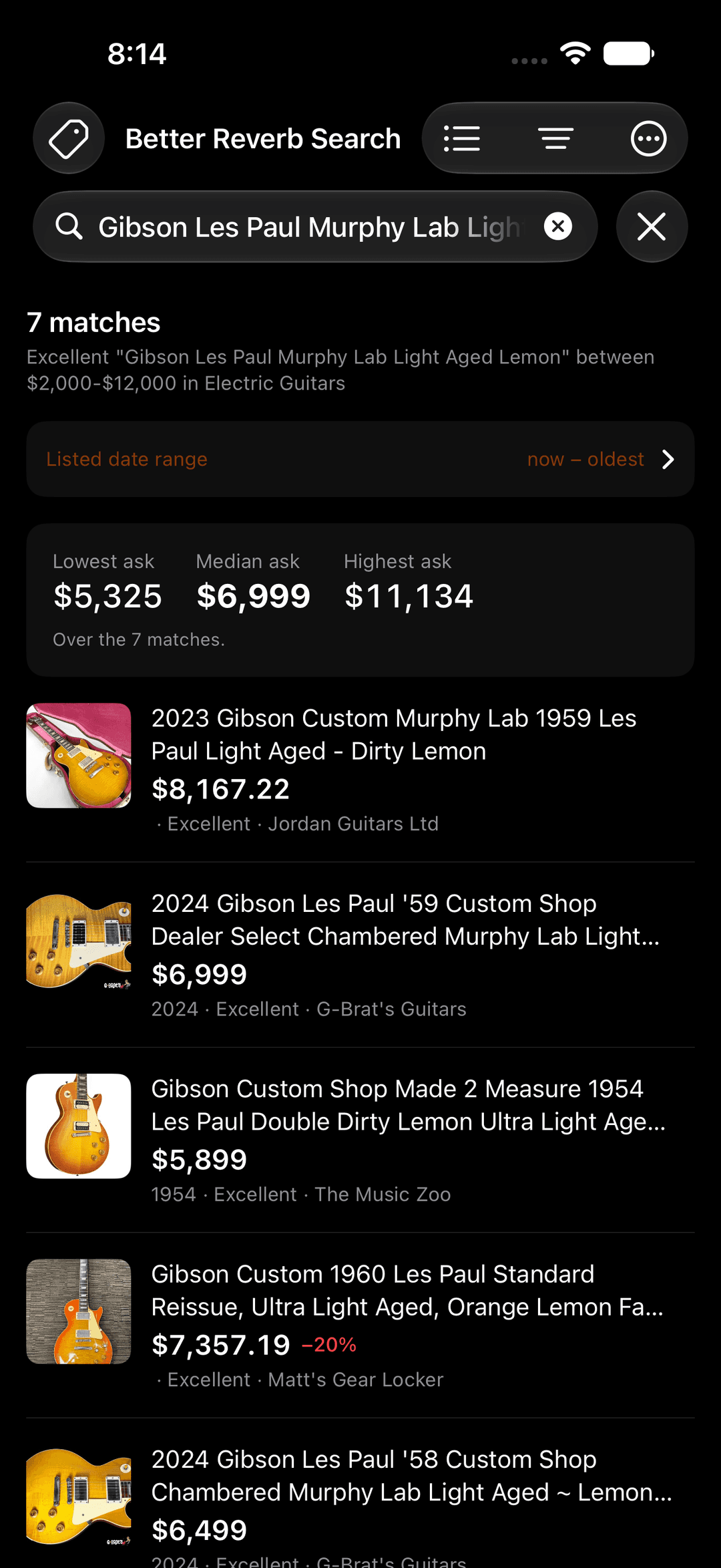 Search results in the Better Reverb Search app